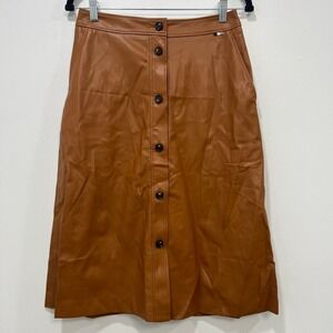 BOSS Hugo Womens Skirt 4 Cotton Midi Button Front Camel Faux‎ Leather A Line